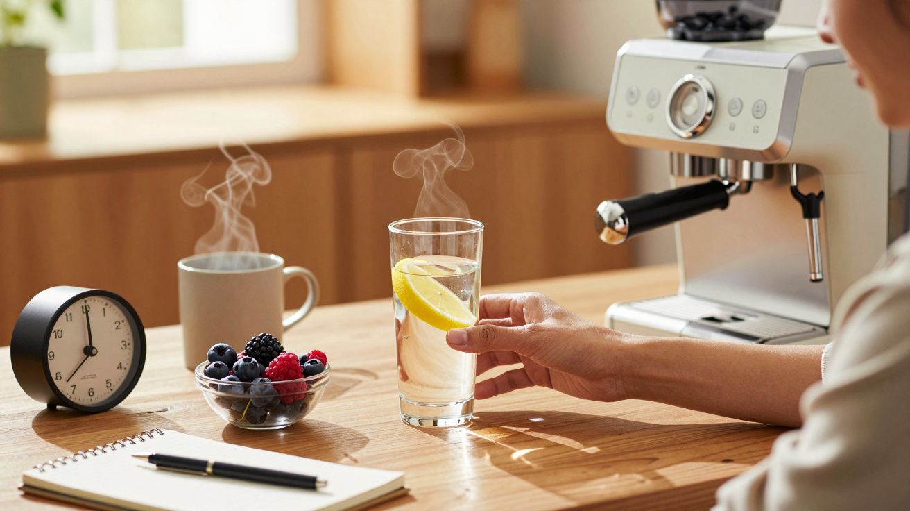 Osoba trzyma szklankę z wodą cytrynową przy ekspresie do kawy na stole z filiżanką, zegarem i miską owoców.
