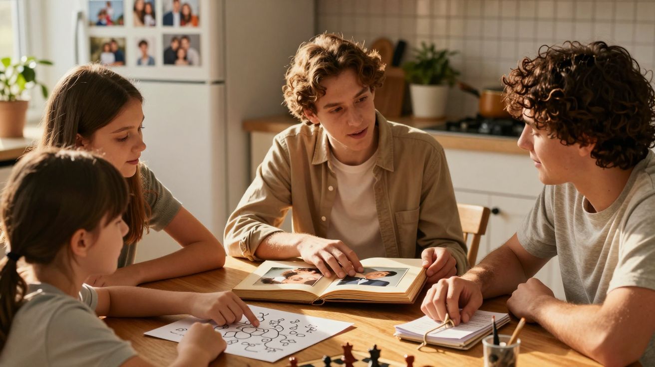 Czworo młodych osób przy stole omawia album ze zdjęciami w przytulnej kuchni.