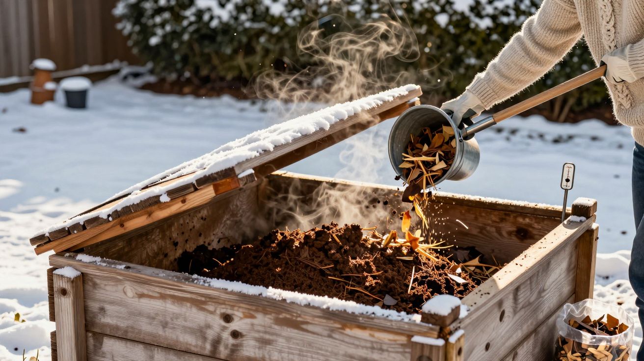 Osoba w rękawicach dodaje resztki do parującego kompostownika na pokrytym śniegiem podwórku.