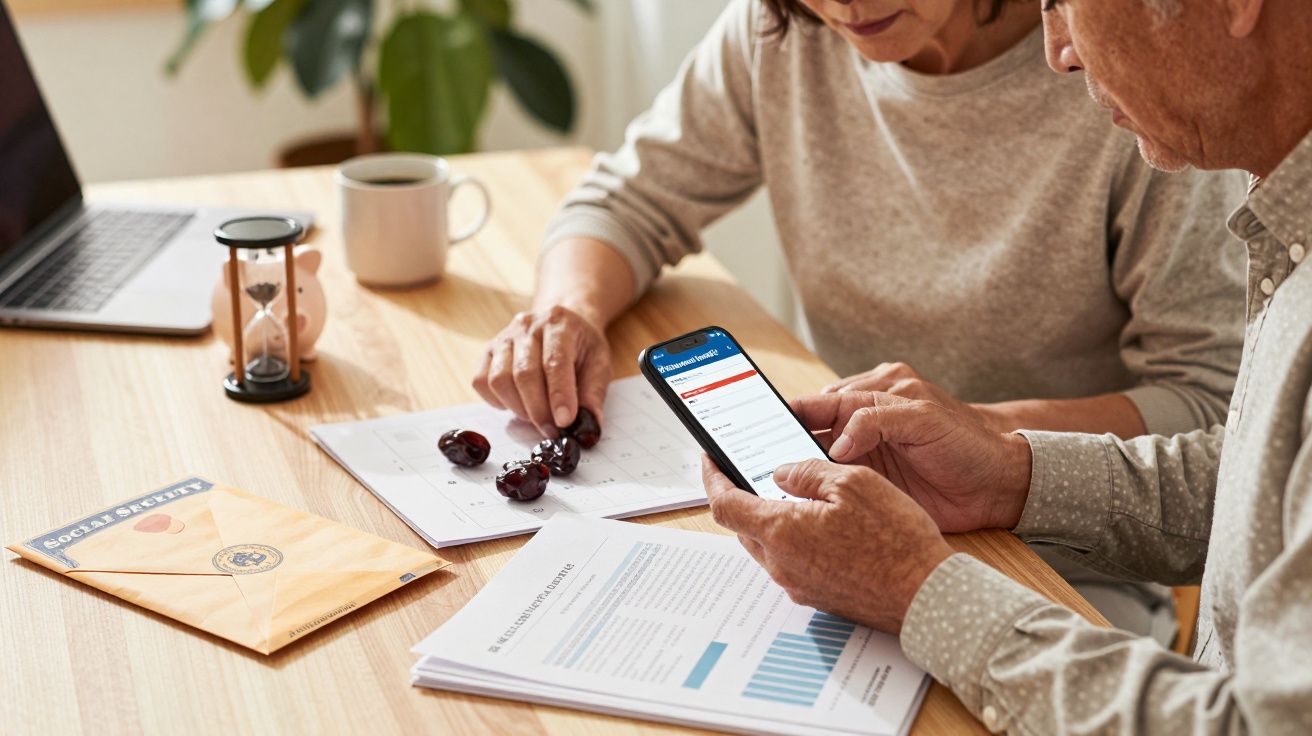 Starsze osoby przeglądają smartfon przy stole z dokumentami, laptopem, kubkiem i klepsydrą.