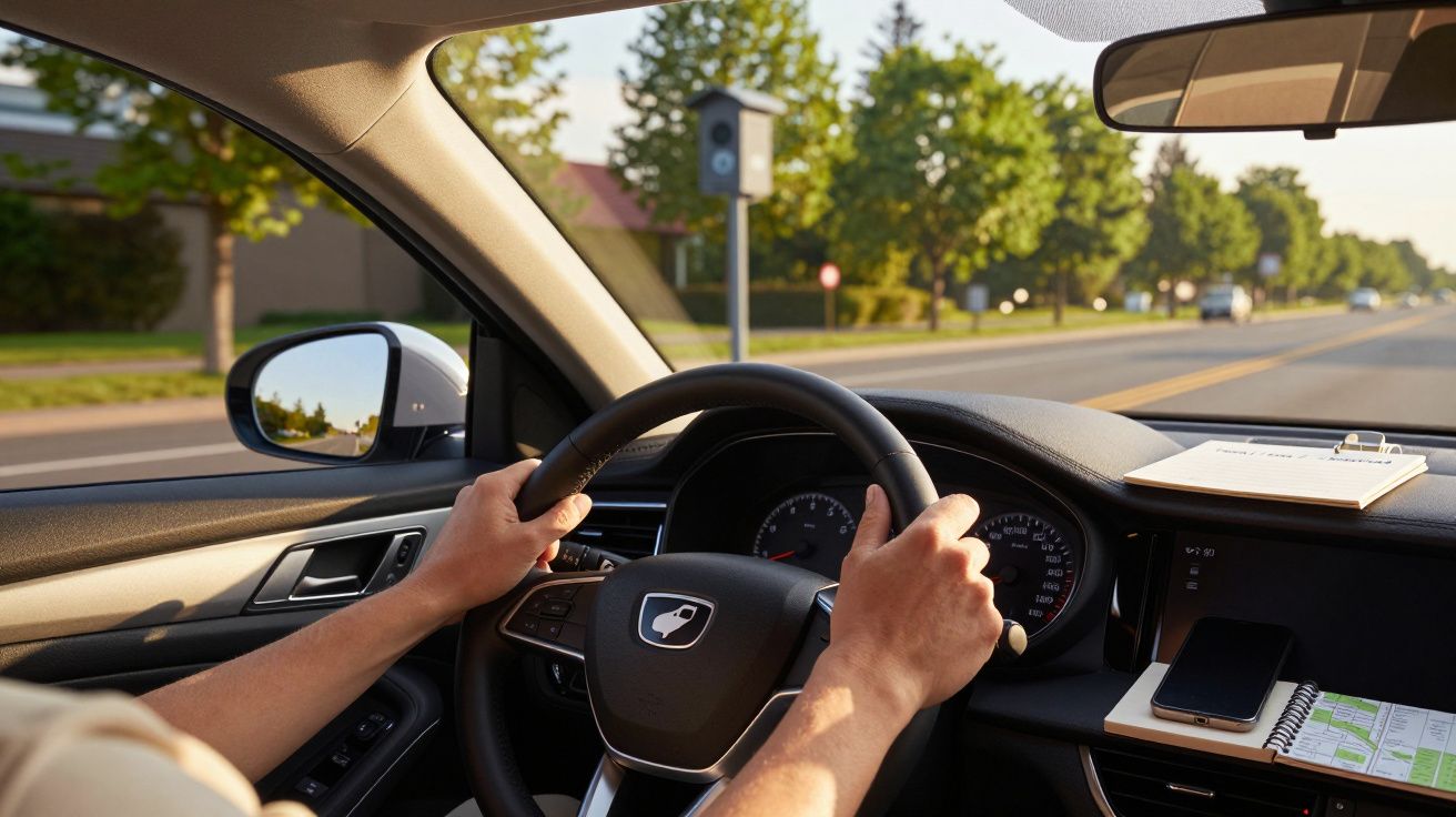 Widok z wnętrza jadącego samochodu, osoba trzyma kierownicę, notatnik i telefon na desce rozdzielczej.
