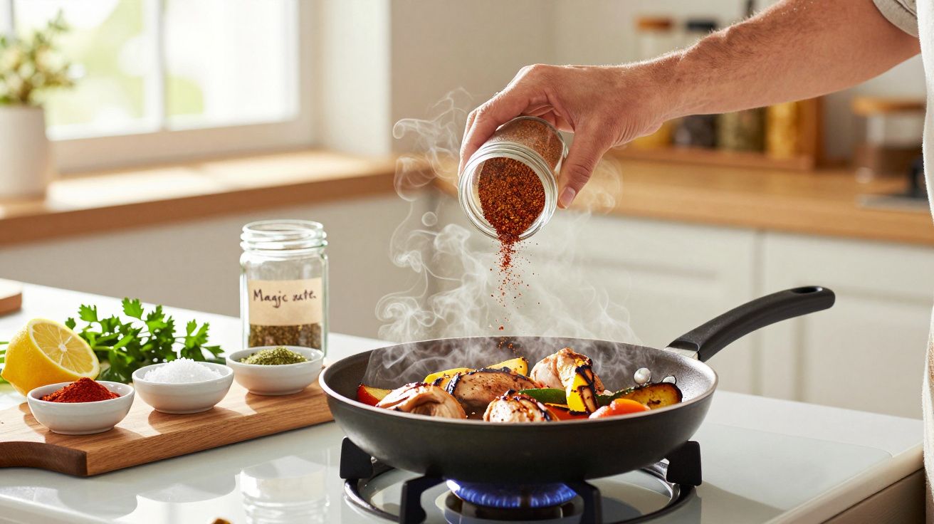 Osoba dodająca przyprawy do smażących się warzyw i mięsa na patelni w kuchni.