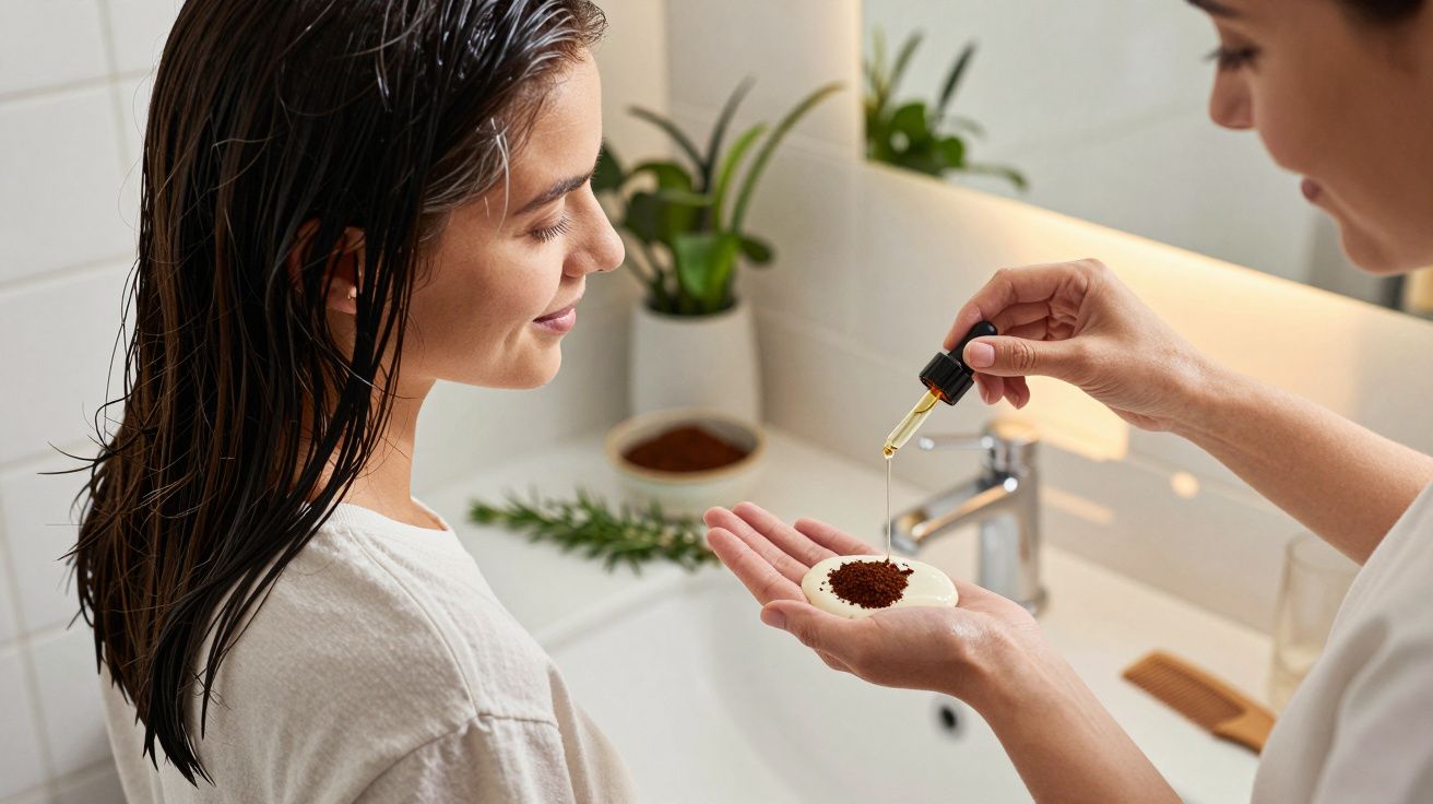 Kobieta stosuje olejek eteryczny na kawowy peeling w dłoni, druga kobieta obserwuje. Łazienka z roślinami w tle.