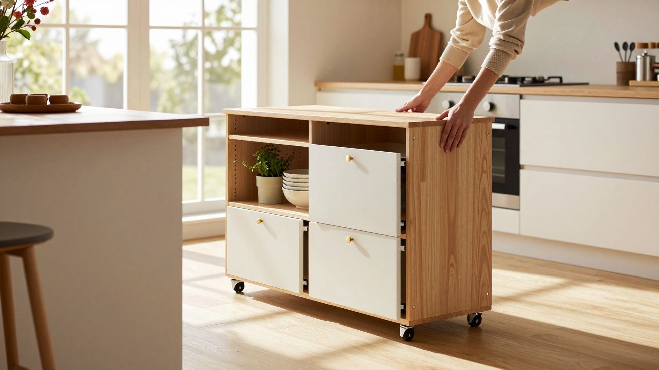 Osoba przesuwa drewniany regał na kółkach w jasnej kuchni.