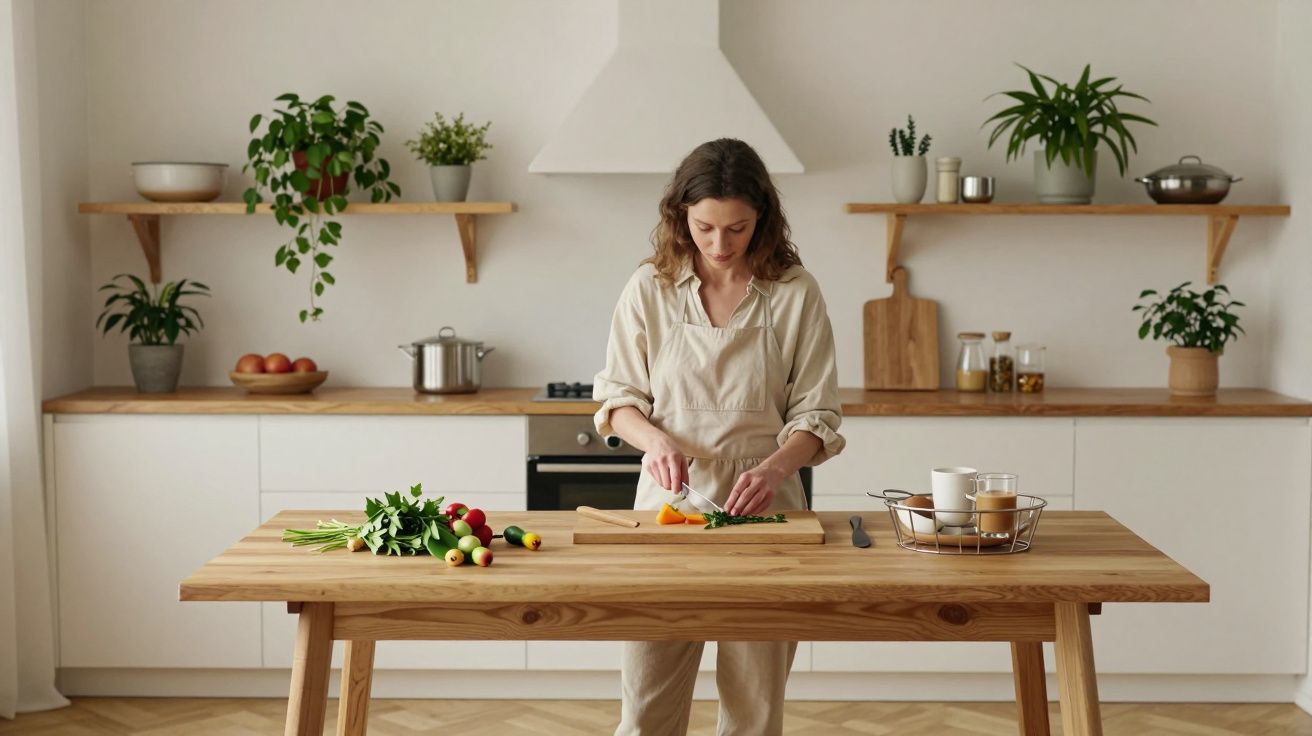 Kobieta gotuje w jasnej kuchni, krojąc warzywa na drewnianym blacie. W tle białe szafki i zielone rośliny.