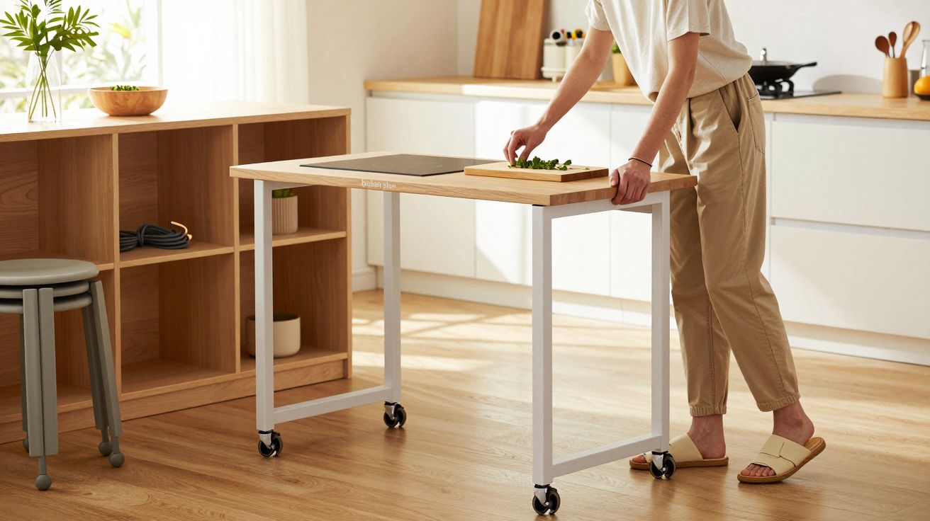 Osoba kroi warzywa na drewnianym stole na kółkach w nowoczesnej kuchni z jasnym drewnem i białymi szafkami.