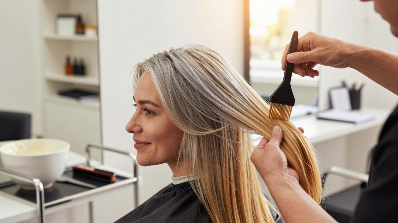 Kobieta w salonie fryzjerskim z długimi siwymi włosami, które są farbowane pędzlem przez fryzjera.