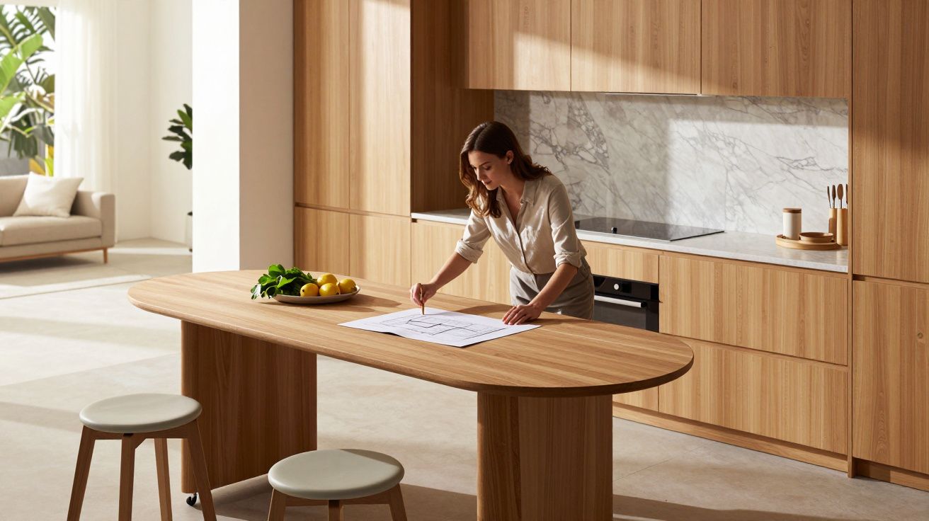 Kobieta w jasnej kuchni rysuje projekt na drewnianym stole, obok miska owoców.