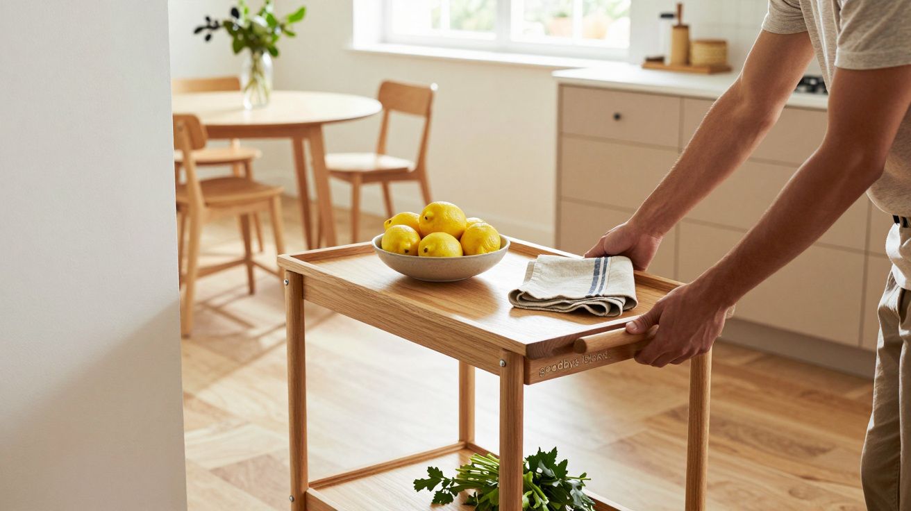 Mężczyzna pcha drewniany wózek kuchenny z miską cytryn i ściereczką, w tle stół i krzesła w jasnym wnętrzu kuchni.