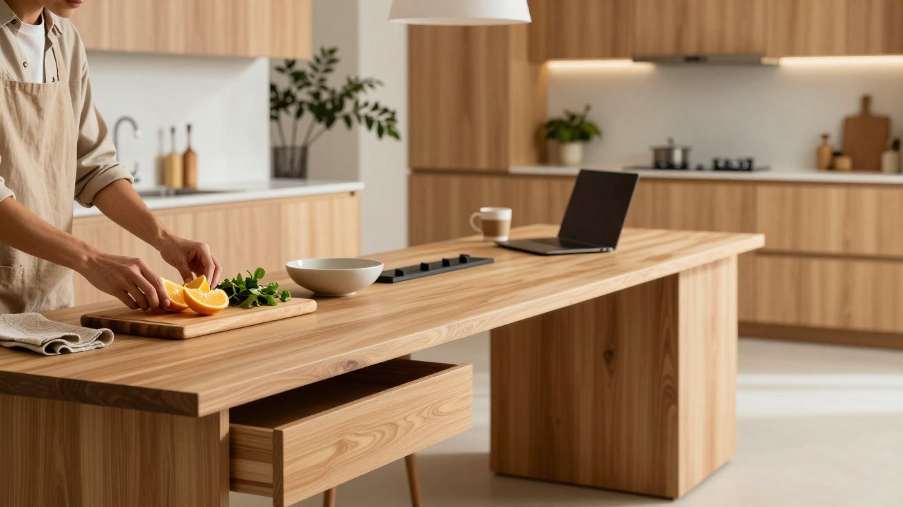 Osoba kroi pomarańcze przy drewnianym stole w nowoczesnej kuchni z laptopem i filiżanką na blacie.