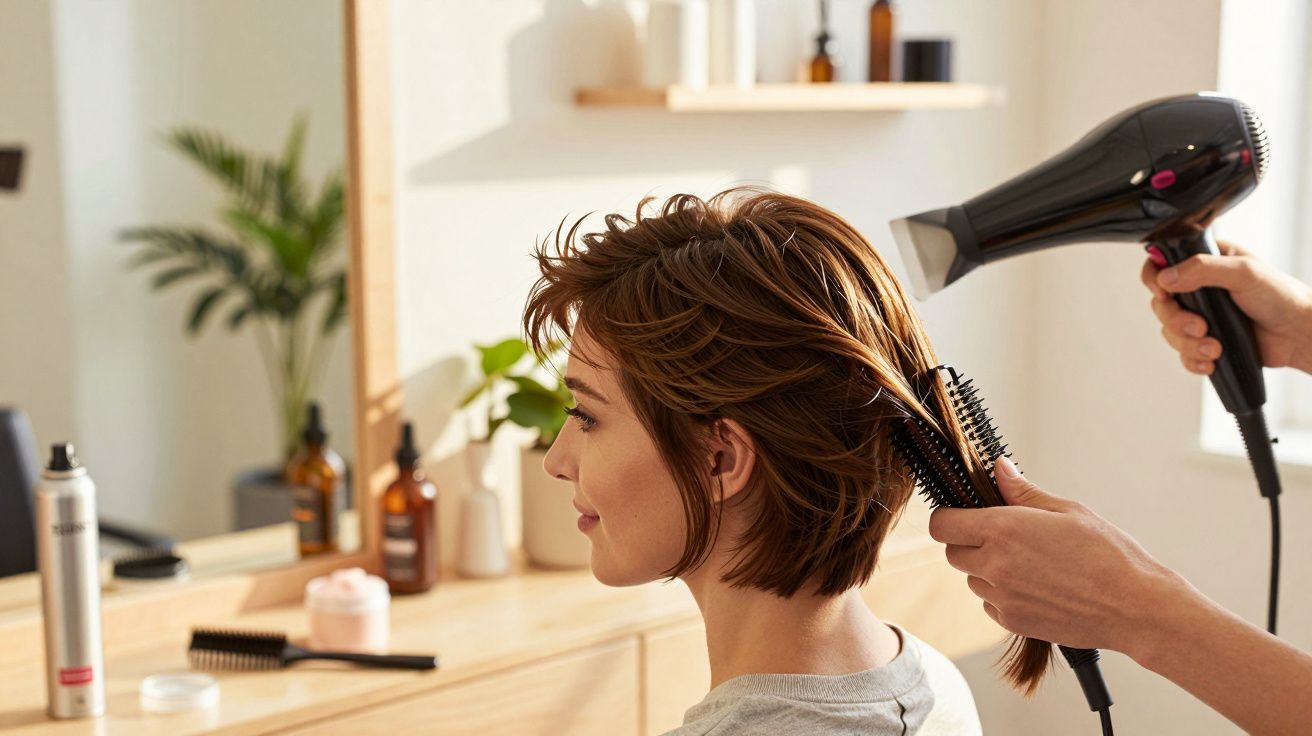 Osoba z krótkimi włosami jest czesana i suszona suszarką w salonie fryzjerskim.