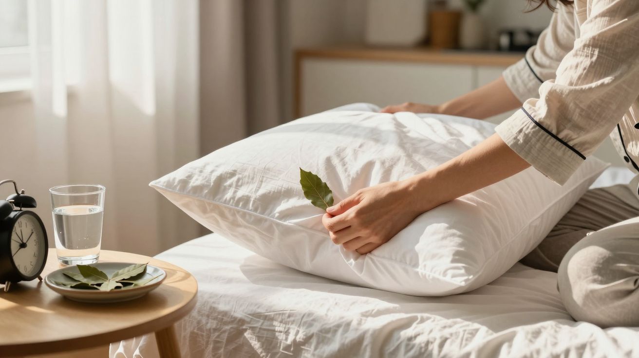Osoba układa poduszkę z liściem na łóżku obok stolika z budzikiem i szklanką wody.