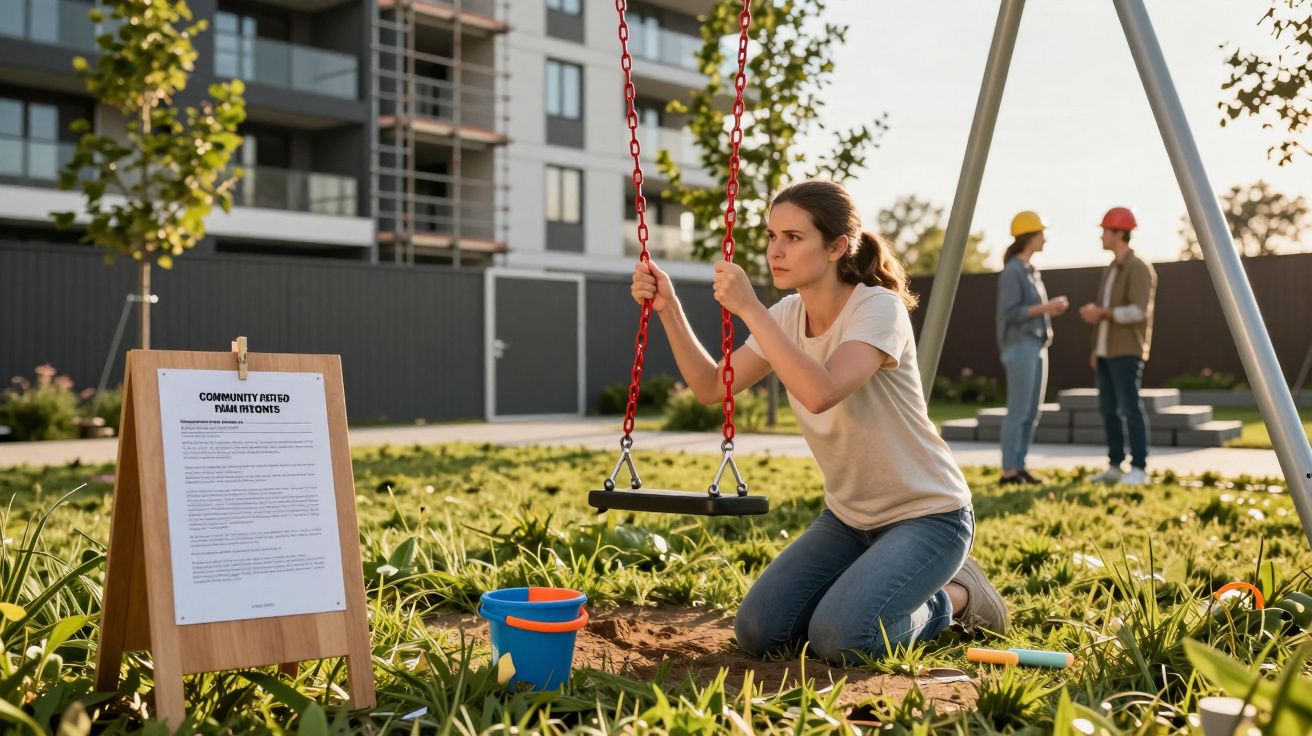 Kobieta siedzi na placu zabaw montując huśtawkę, w tle pracownicy w kaskach, obok tablica informacyjna.