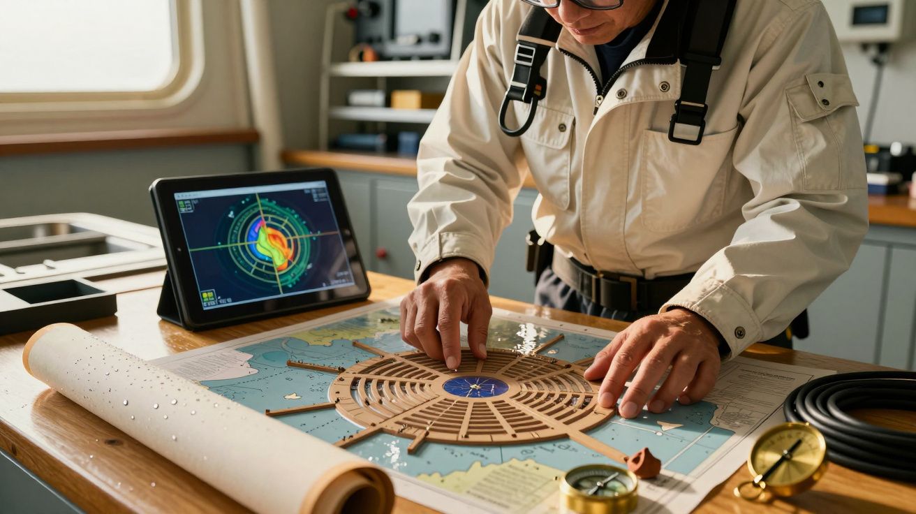 Mężczyzna w kurtce analizuje mapę morska na stole, obok znajduje się tablet z wykresem radarowym i kompas.