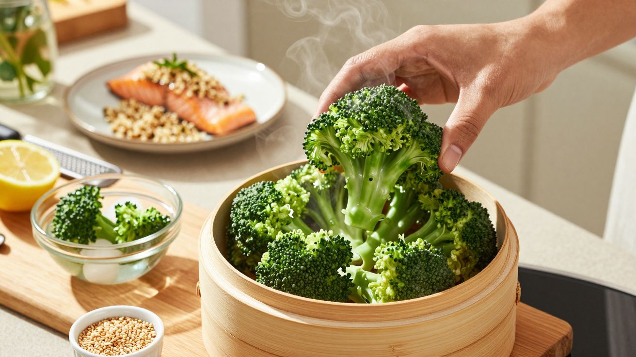 Dłoń trzymająca gotowane na parze brokuły w bambusowym naczyniu. W tle talerz z łososiem i kaszą.