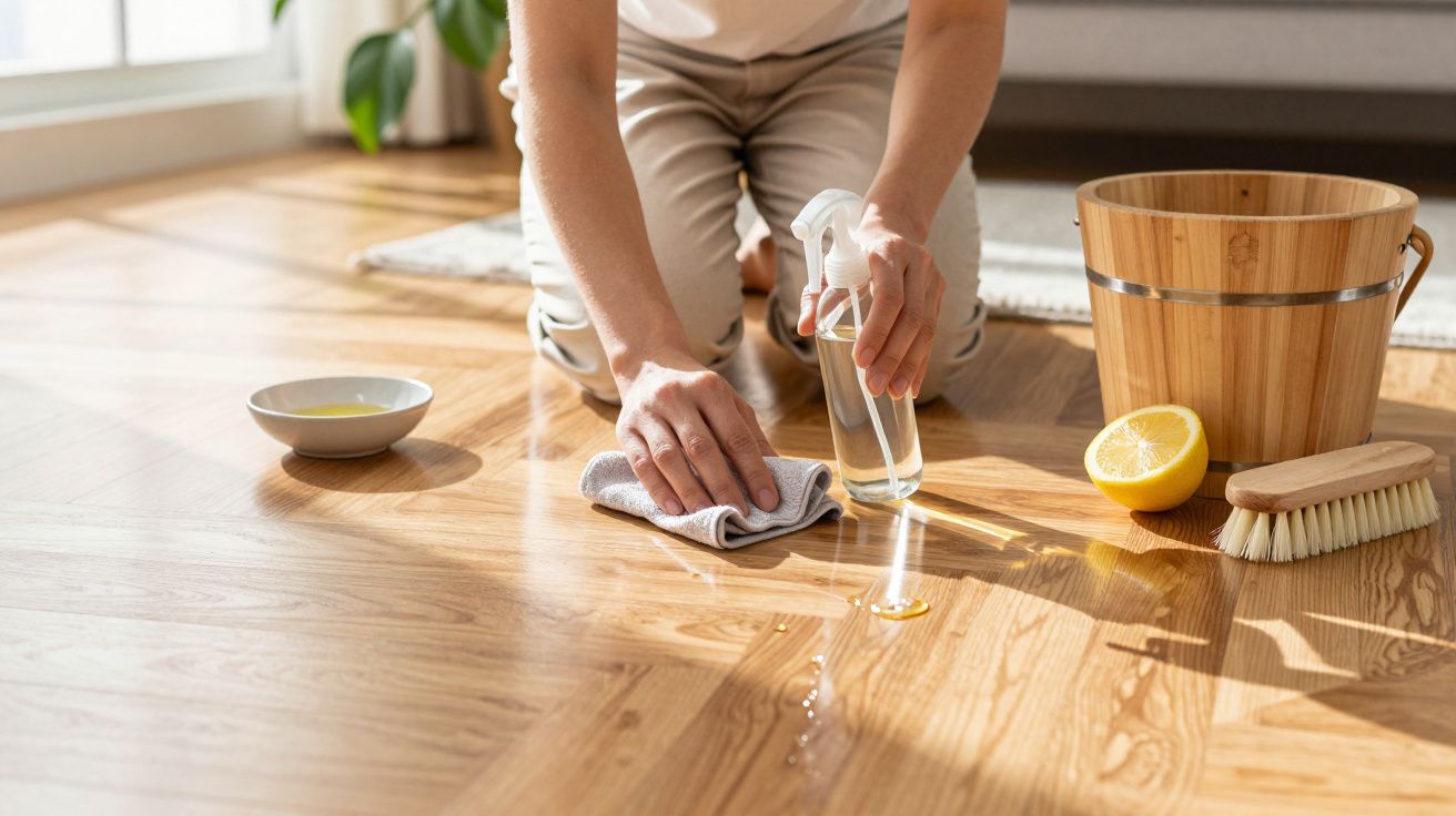 Osoba czyszcząca drewnianą podłogę spryskiwaczem i szmatką; obok miska, cytryna i wiadro.