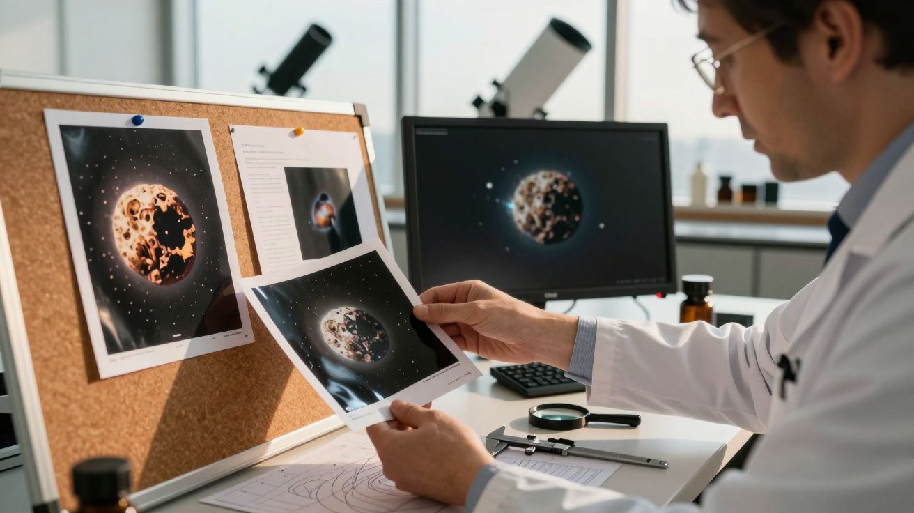 Naukowiec w laboratorium przegląda zdjęcia planet na tablicy korkowej i monitorze komputera.