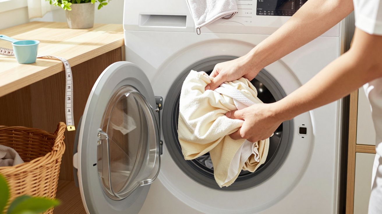 Osoba wkładająca pranie do białej pralki w słonecznej pralni.