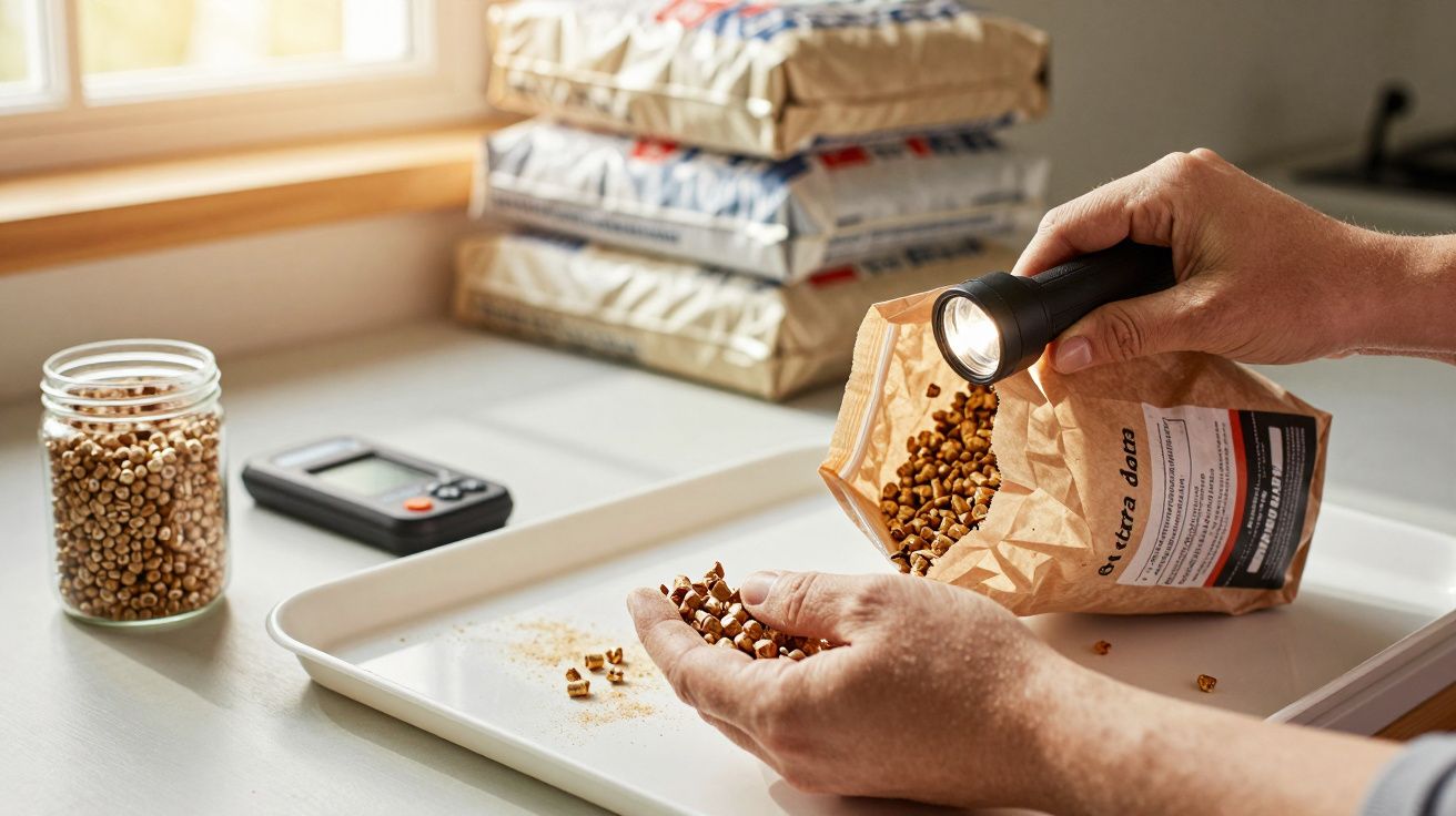 Osoba przesypująca drewniane granulki z papierowej torby na tacę, trzymająca latarkę, obok słoik i miernik.