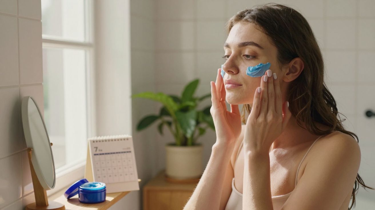Kobieta nakłada niebieską maseczkę na twarz w łazience, obok lustra stoi kalendarz i roślina.