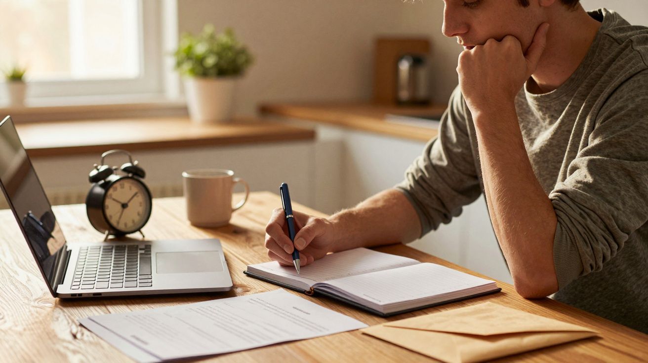 Osoba przy biurku, pisząca w notatniku, obok otwarty laptop, zegar, filiżanka i dokumenty na drewnianym blacie.