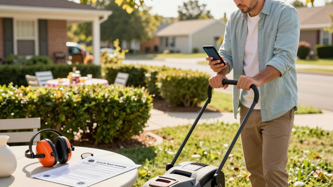 Mężczyzna używający kosiarki i trzymający telefon obok stolika ogrodowego z słuchawkami i dokumentami.