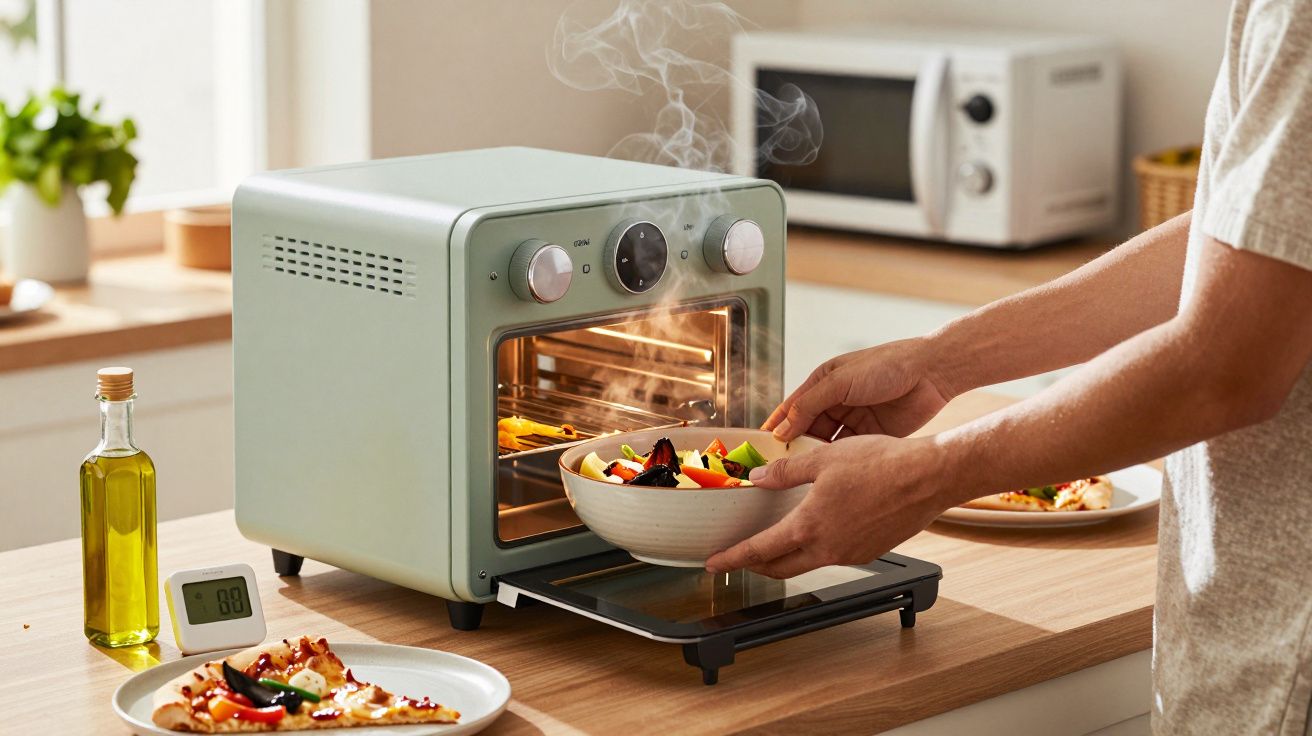 Osoba wkłada misę warzyw do małego piekarnika na blacie kuchennym, obok butelka oliwy i talerz z jedzeniem.