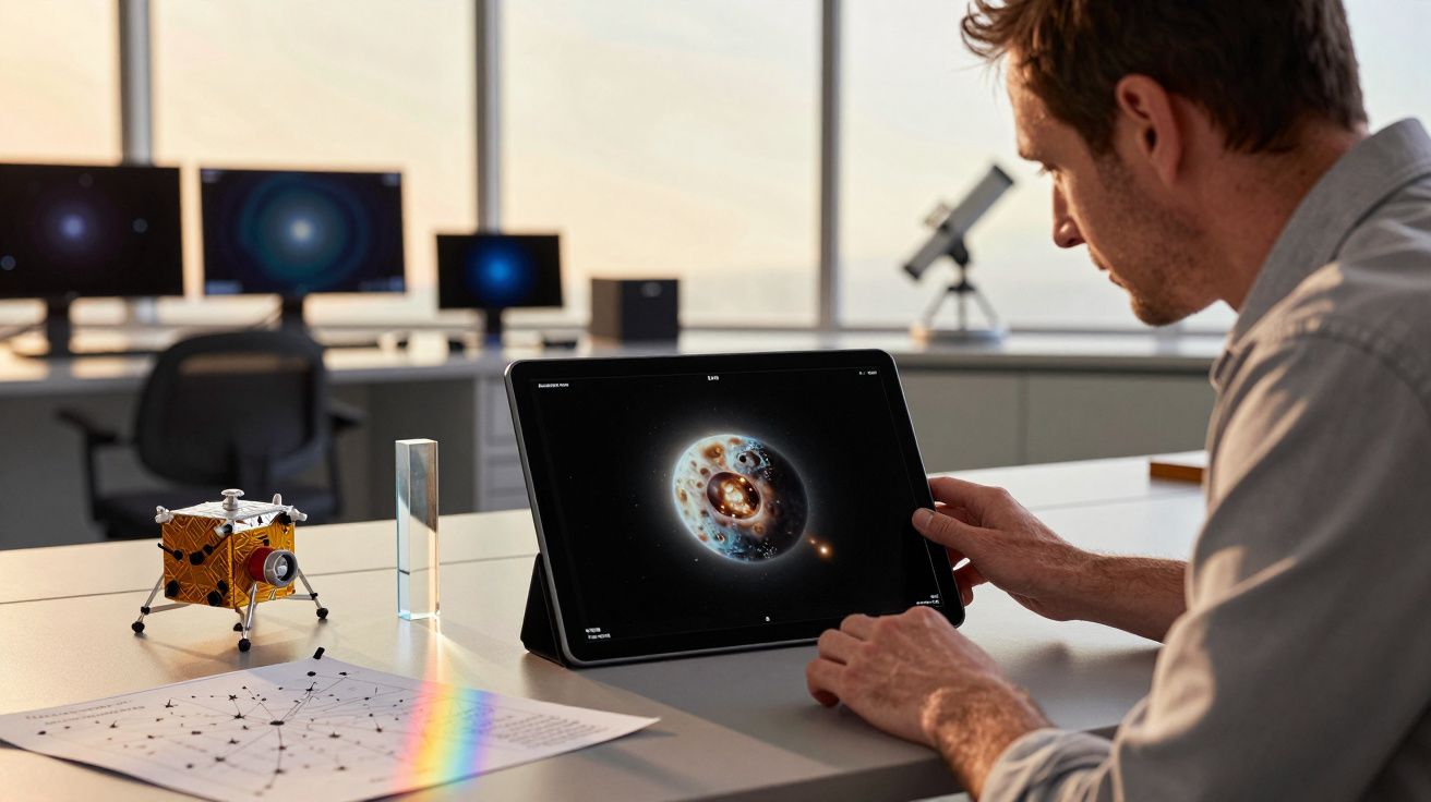 Mężczyzna ogląda grafikę kosmosu na tablecie, obok model sondy kosmicznej i pryzmat rozszczepiający światło.