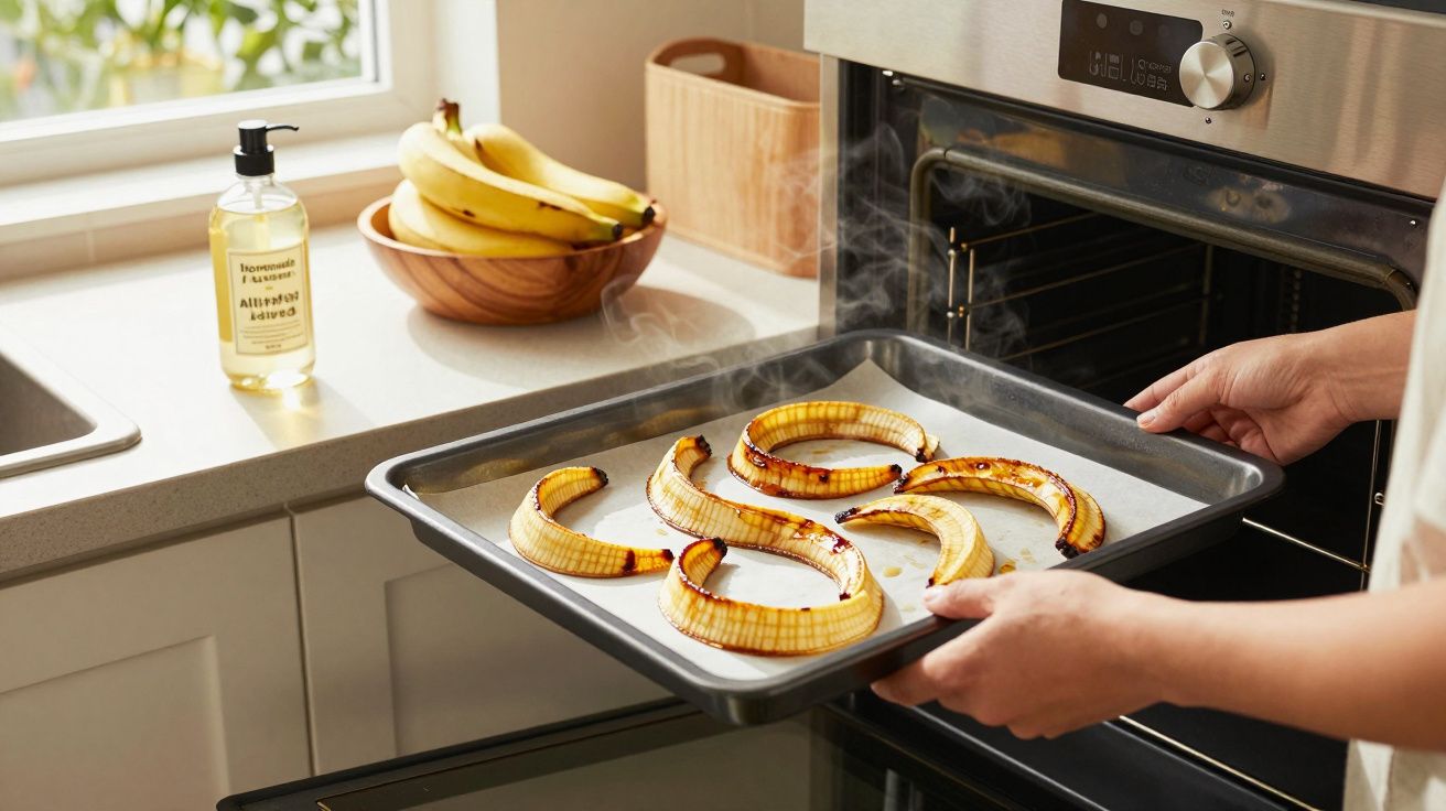 Osoba wkłada do piekarnika blachę z pieczonymi skórkami bananów; obok na blacie miska z bananami.