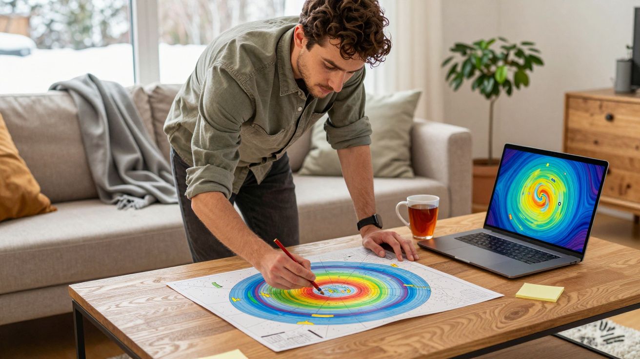 Mężczyzna pochylony nad stołem rysuje na kolorowym wykresie, obok stoi laptop z podobną grafiką.
