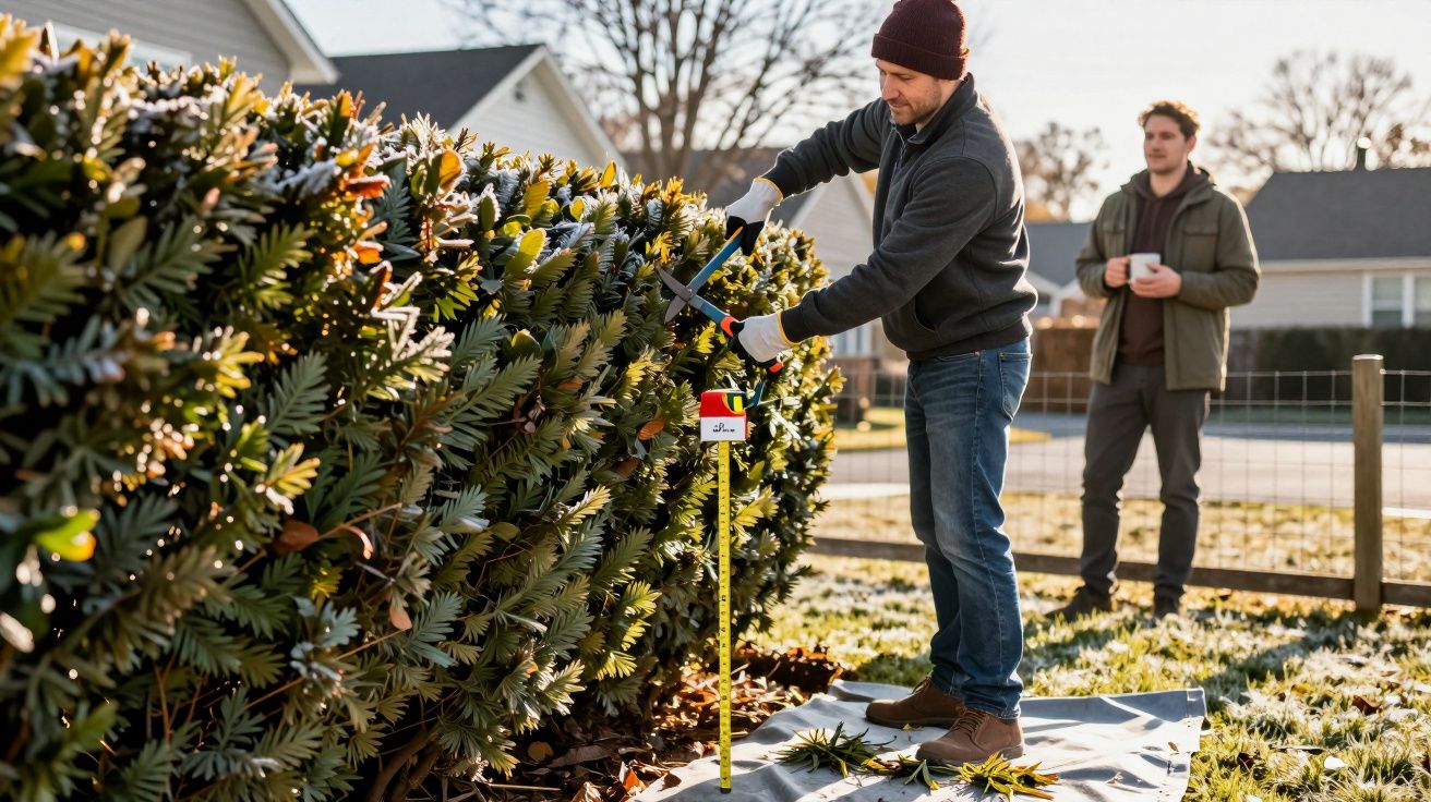 Mężczyzna przycina krzew w ogrodzie, podczas gdy inny mężczyzna stoi z kubkiem w tle.