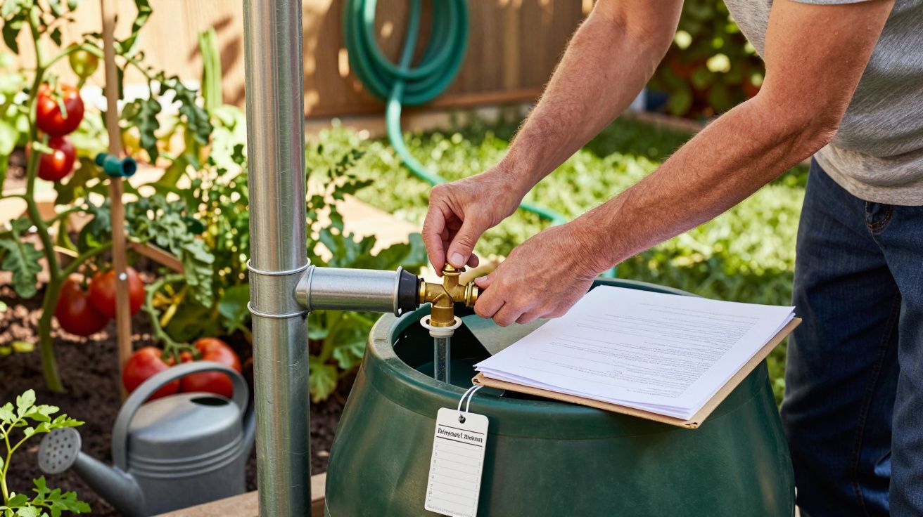 Osoba reguluje kran na beczce z wodą deszczową w ogrodzie warzywnym z pomidorami.