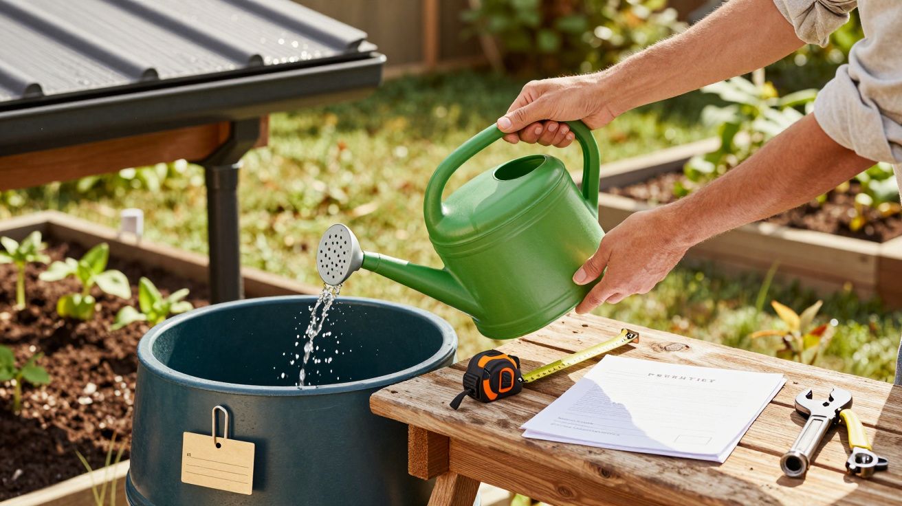 Osoba nalewa wodę z zielonej konewki do beczki w ogrodzie; na stole miara i klucz.