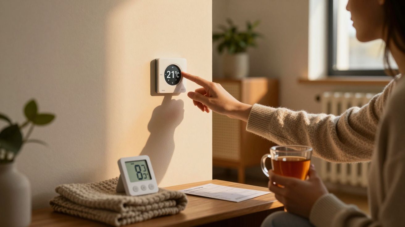 Osoba reguluje termostat na ścianie, trzymając kubek herbaty. Obok leży termometr pokojowy i sweter.