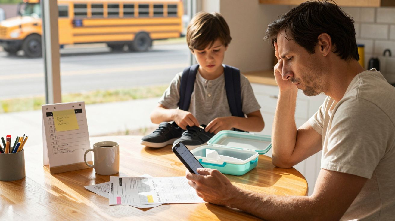 Ojciec z dzieckiem w kuchni, ojciec przegląda telefon, dziecko szykuje się do szkoły. W tle szkolny autobus.