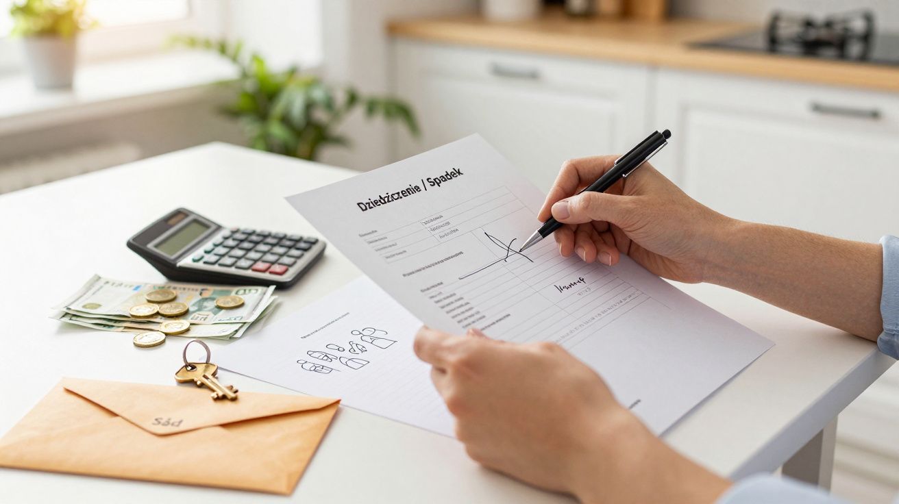 Osoba podpisująca dokument o dziedziczeniu przy biurku. Obok koperta, kalkulator, pieniądze i klucze.