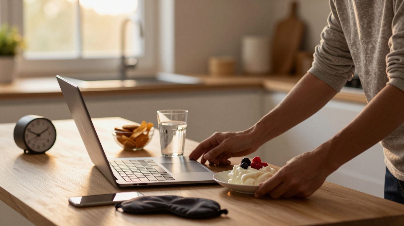 Osoba pracuje przy laptopie na blacie kuchennym, obok talerz z jogurtem i owocami, szklanka wody i budzik.