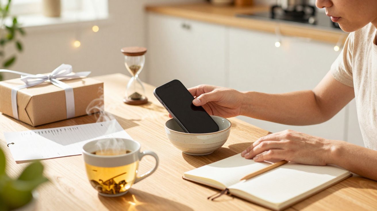 Osoba wkłada telefon do miski, na stole notatnik, filiżanka herbaty i zapakowany prezent.