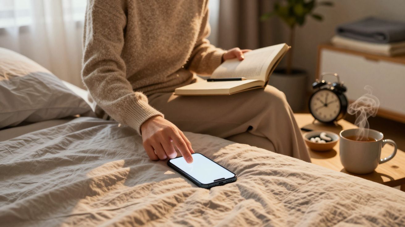 Osoba siedząca na łóżku z książką, dotyka telefonu leżącego obok, obok zegar i filiżanka gorącej kawy.
