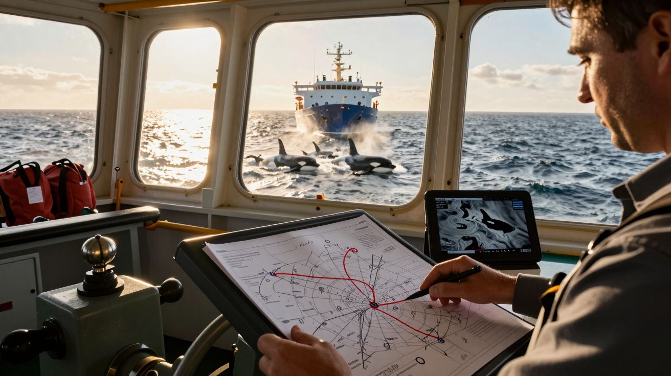 Mężczyzna w kabinie sterowej, śledzący mapę. Na horyzoncie statek i orki w oceanie.