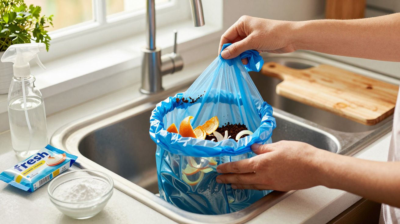 Osoba wyrzucająca worek na śmieci z odpadkami organicznymi do zlewu obok środka czystości i deski do krojenia.