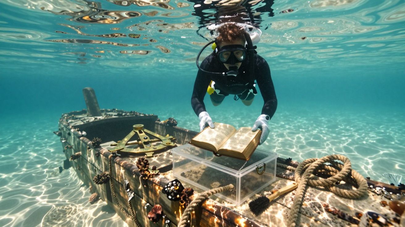 Nurek czytający książkę pod wodą, obok starego wraku pokrytego koralowcami, w krystalicznie czystej wodzie.