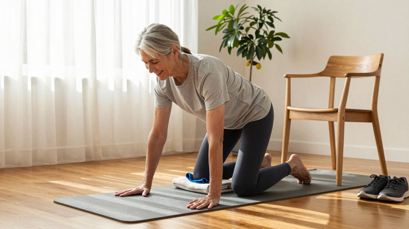 Starsza kobieta ćwiczy na macie w jasnym pokoju, obok krzesło i roślina, w tle zasłony.