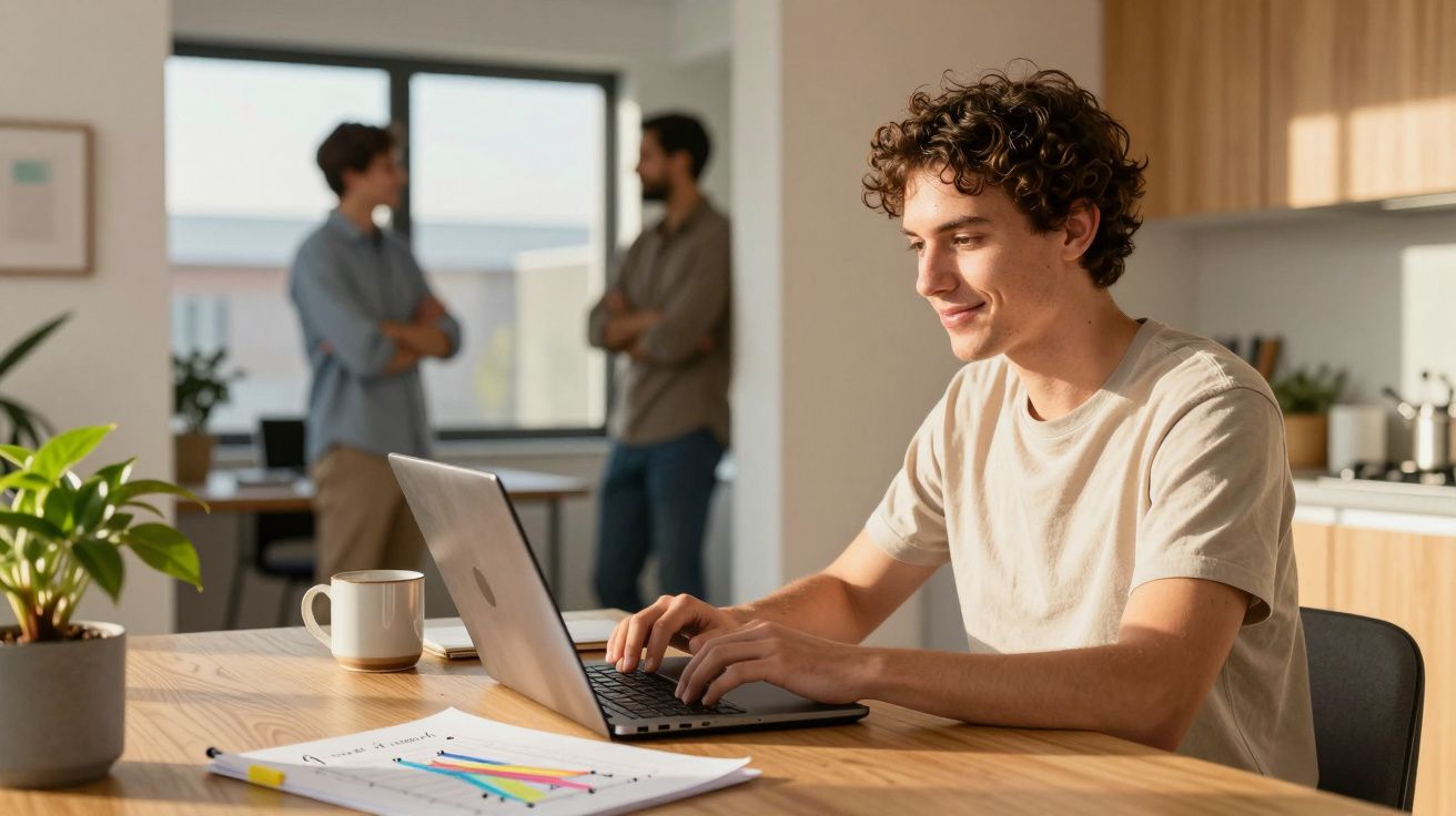 Młody mężczyzna pracuje na laptopie przy stole, w tle dwóch rozmawia. Na stole rośliny, filiżanka i notatki.