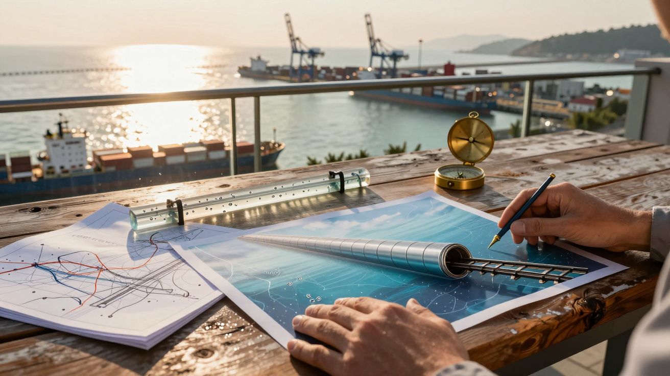 Osoba rysująca projekt tunelu przy stole, w tle port z kontenerami i dźwigami nad wodą.
