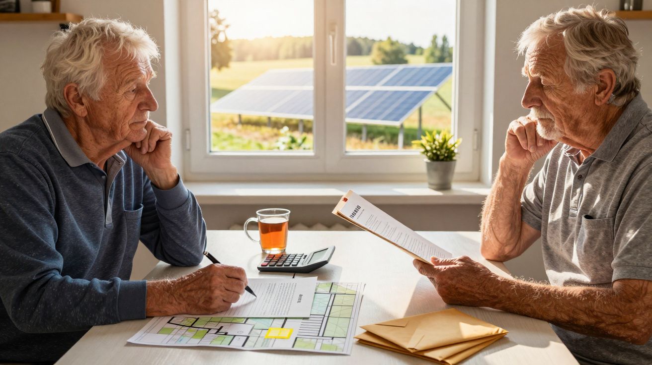 Dwóch starszych mężczyzn omawia dokumenty; w tle widać panele słoneczne za oknem.