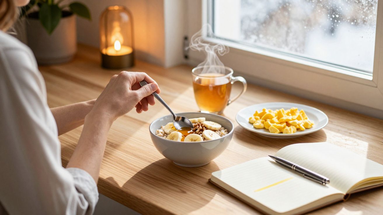 Osoba jedząca śniadanie z miski z owsianką i bananami, obok herbata, talerz z owocami i notes z długopisem na stole.