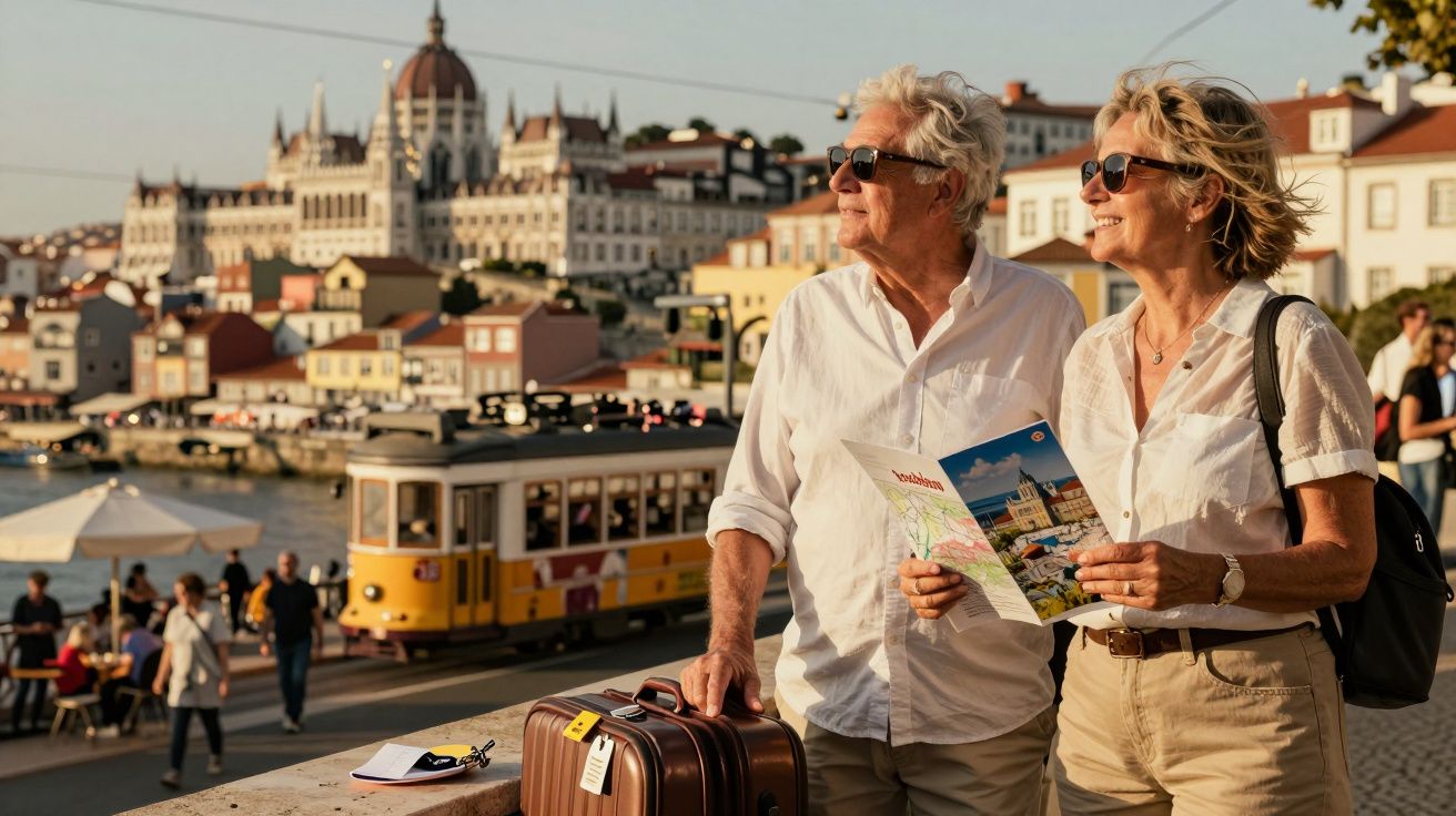 Starsza para zwiedza miasto trzymając mapę, w tle tramwaj i budynki, w tym charakterystyczny budynek z kopułą.