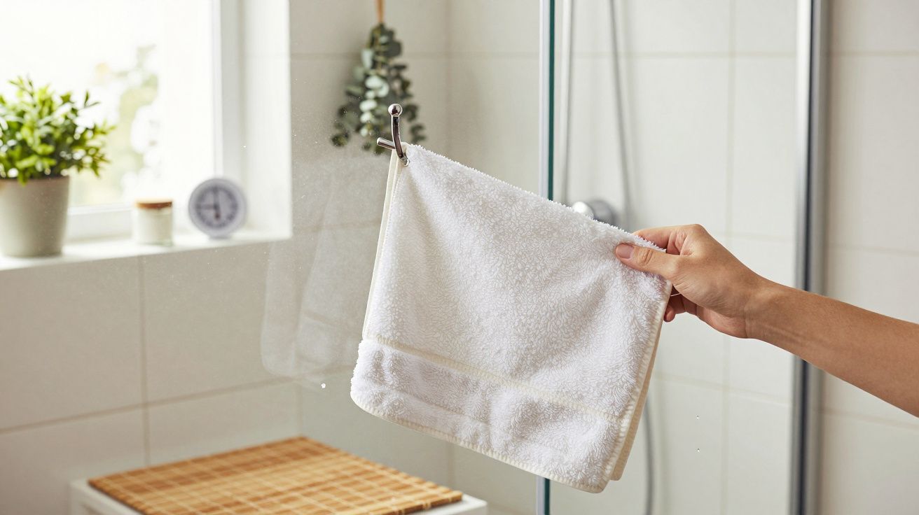 Ręka przytrzymująca białą ściereczkę na szklanych drzwi prysznicowych. W tle rośliny i zegar na parapecie.