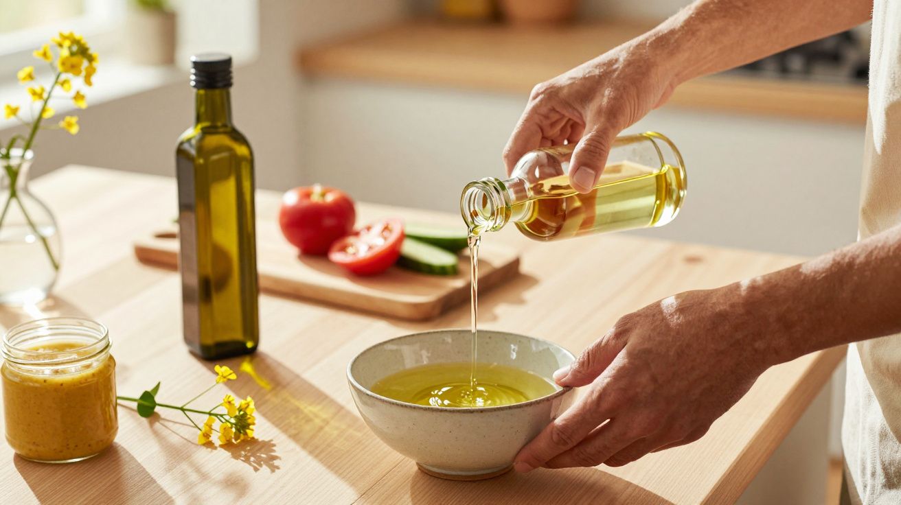 Osoba nalewa oliwę do miski na blacie z pomidorami i ogórkami w tle.